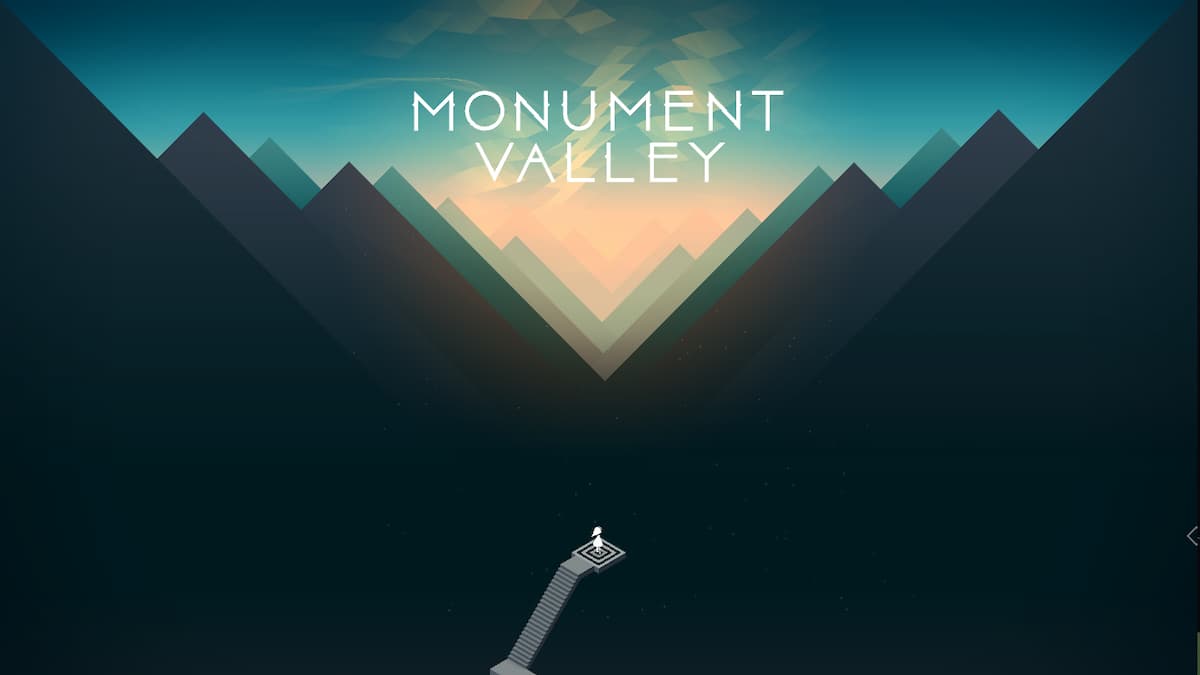 The Monument Valley title in the sky, surround by mountains and the character up the the stairs.