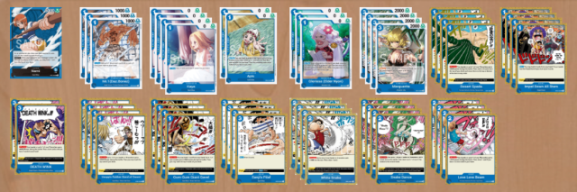 An example decklist build for the Blue Nami mill deck being played in the OP08 metagame.