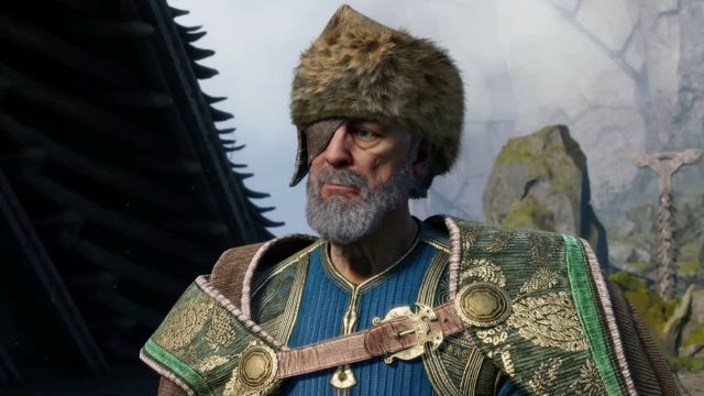 An old man wearing fine Nordic clothes and an eyepatch with a fur hat. Image of Odin from God of War Ragnarok