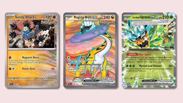 Sandy Shocks, Raging Bolt, and Ogerpon Pokemon cards.