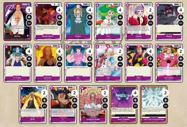 Fifty Purple One Piece Card Game cards from the FILM Edition deck.