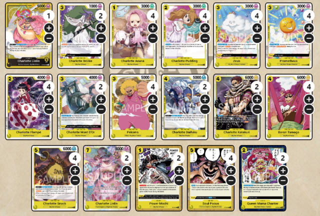 Fifty Yellow One Piece Card Game cards from the Big Mom Pirates deck.