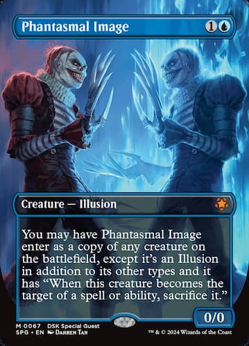 Creeppy clown with red hair and fake smile in red outfit looking at duplicate in blue magic holding spikes in MTG Duskmourn