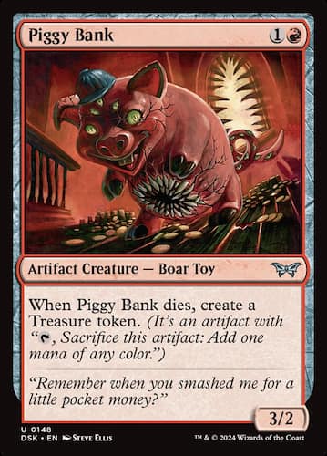 A pig  boar with hole in belly showing teeth wearing a blue toy hat and evil grin through MTG Duskmourn set