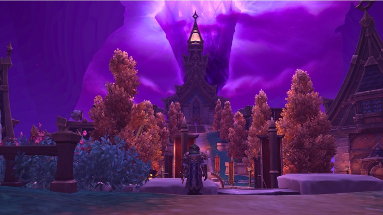 A player looking at the purple crystal in the sky in Hallowfall