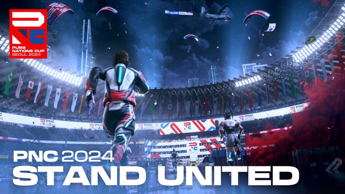 PUBG Nations Cup 2024 trailer poster with players running into a Seoul arena and some players landing in the stadium using parachutes