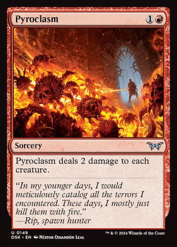 Large flame of fire from human wizard buring spiders in MTG Duskmourn set