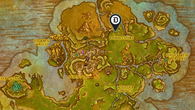 A Dot Esports marker showing the mapped location of rannan for starting the A Titanic Expedition! quest in WoW The War Within