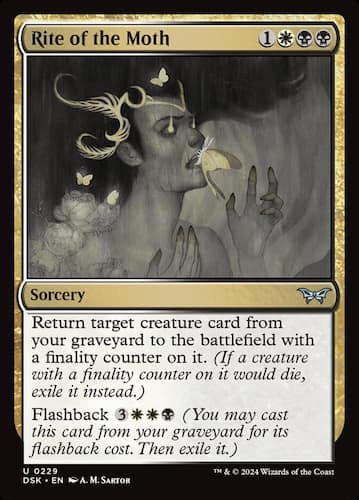 Woman in black and white with creature coming out of mouth and butterflies around head in MTG Duskmourn set