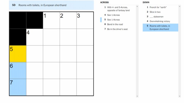 The "Rooms with toilets, in European shorthand" clue marked on the NYT Mini Crossword.