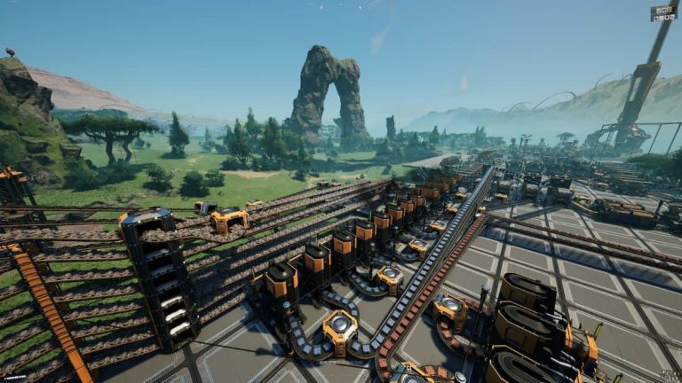 A factory hard at work in Satisfactory.