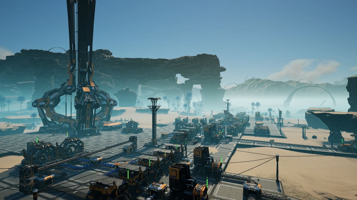 satisfactory screenshot starter factory in rocky desert with space elevator in the background