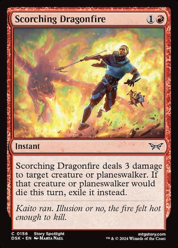 Kaito dodging fire burst of flame from monster in Duskmourn MTG set