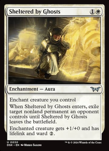 Child with hands over ears and gold ghosts on eihter side in MTG Duskmourn set