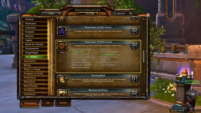 The Sojourner of Hallowfall achievement list in wow the war within