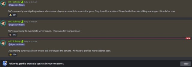 Spectre Divide's new channel with server status updates by a community staff member