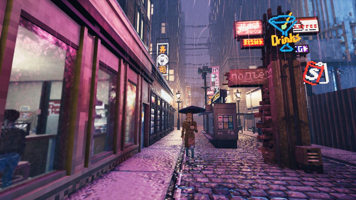 First person view of a dark retro-cyberpunk city street rendered in a voxel artstyle. Generated city view from Shadows of Doubt