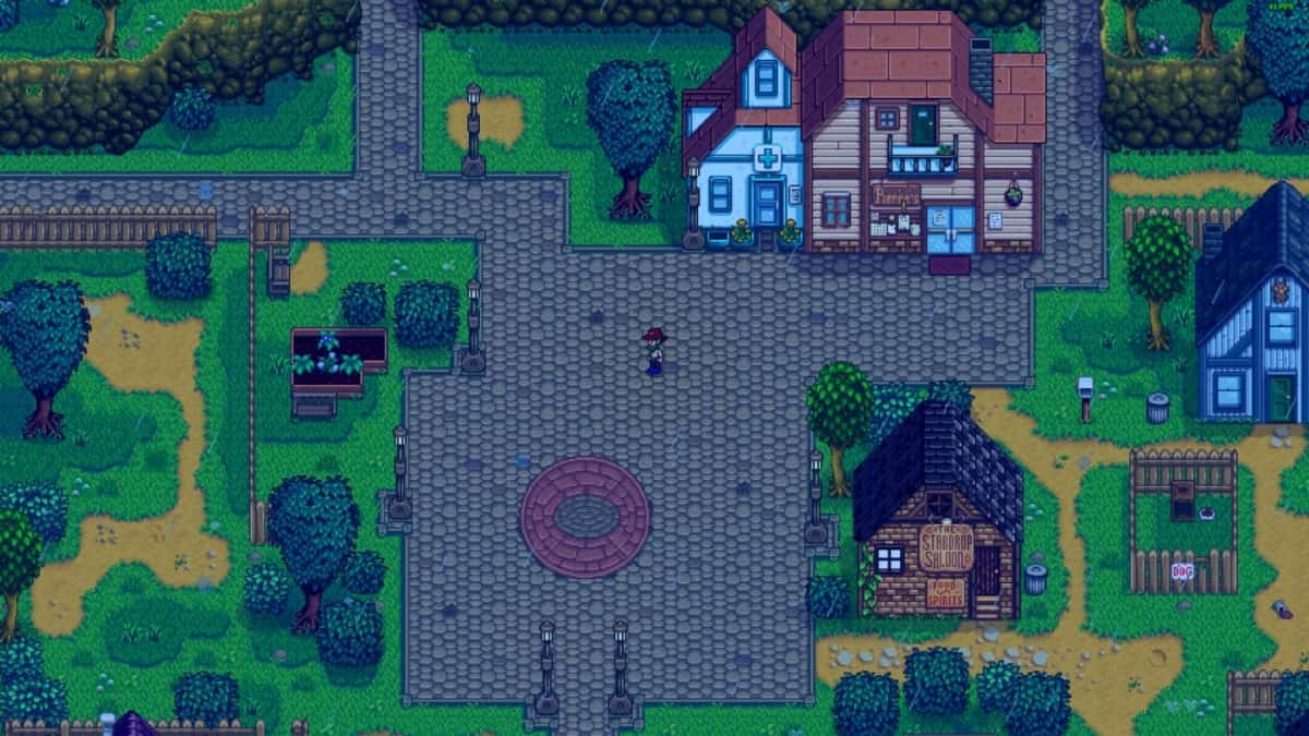 Stardew Valley character standing in the town square.