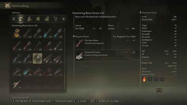 Stormwing bone arrows crafting screen in Elden Ring.