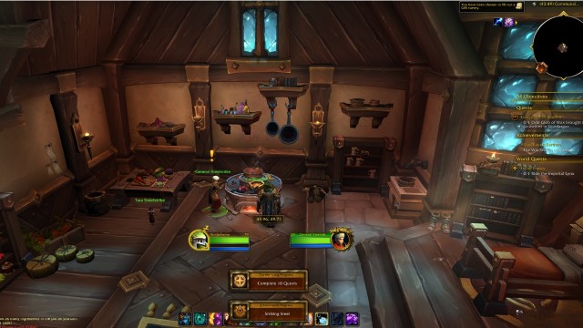 A player in the cooking house with a message reading that they've earned the striking steel achievement in wow the war within