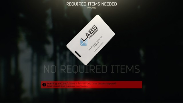 A screenshot of the TerraGroup Labs Access Keycard and a restricted access tooltip in Escape from Tarkov.