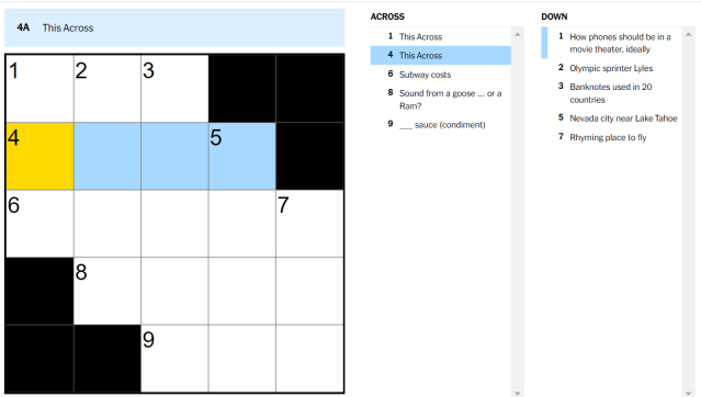 this across new york times mini crossword clue, blank box