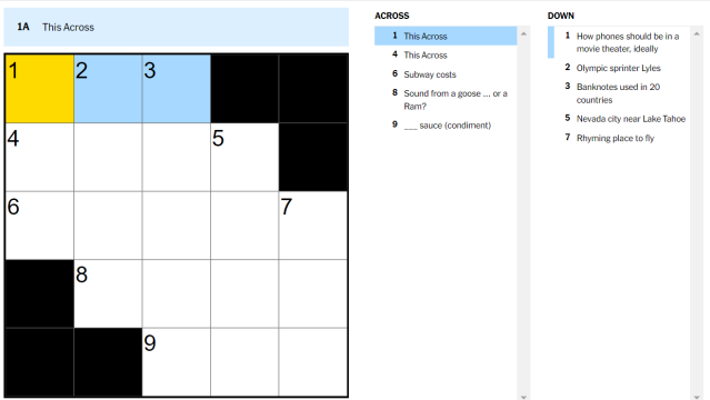 this across new york times mini crossword clue, blank box