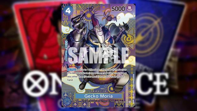 Gecko Moria from One Piece appears on a Blue Treasure Character card from the Bandai card game.