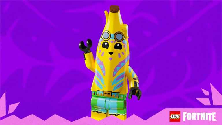 A LEGO Fortnite Banana with tribal paintings and a jeans short.