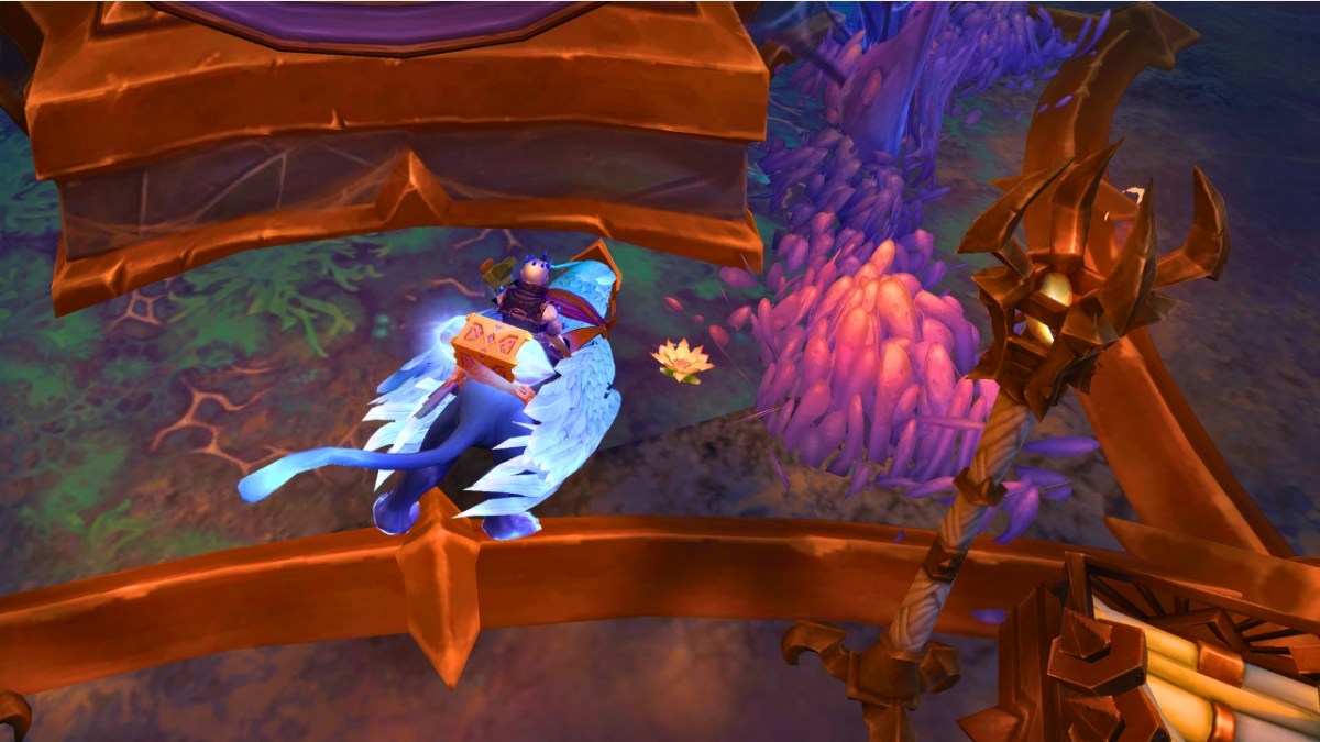 A player riding a bird looking at a lotus flower in wow the war within