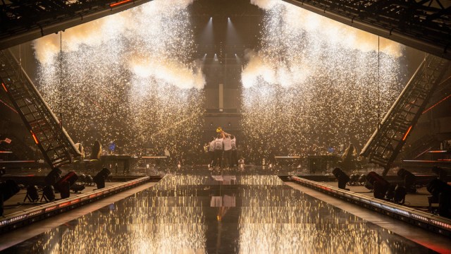 A shower of confetti and fireworks above Acend after they win VALORANT Champions 2021.