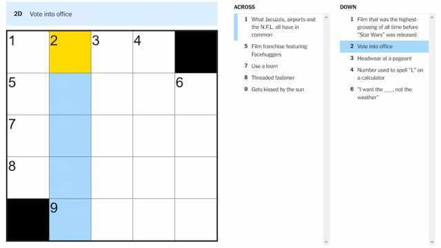 The Vote into office clue marked on the NYT Mini Crossword.