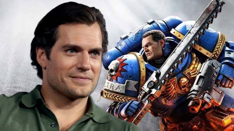 Henry Cavill (left), and a character from Warhammer 40K: Space Marine 2 (right).