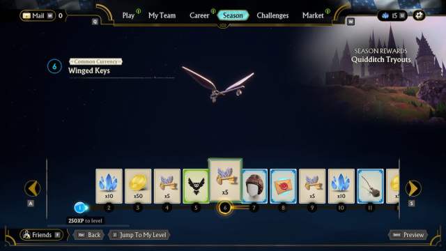 The season pass event in Harry Potter Quidditch Champions with a Winged Keys reward highlighted.