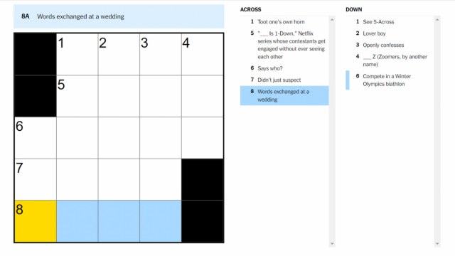 The "Words exchanged at a wedding" clue highlighted on the NYT Mini Crossword.