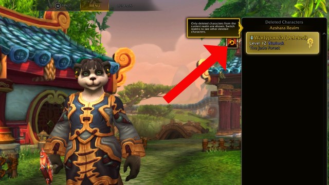 an arrow pointing to the restore deleted character button in wow