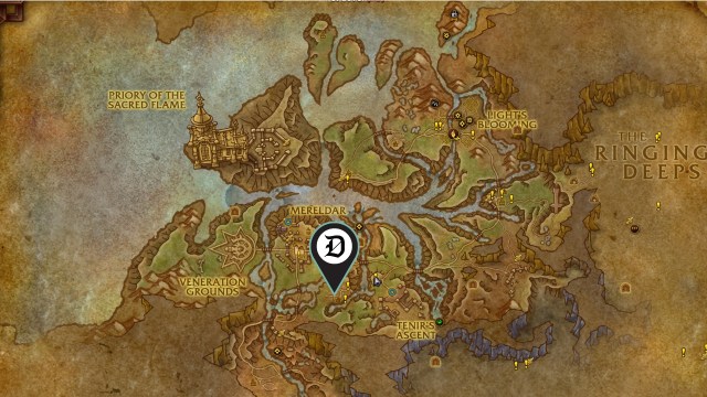 A Dot Esports marker showing the location of the wow the war within Arathi Garden Trowel