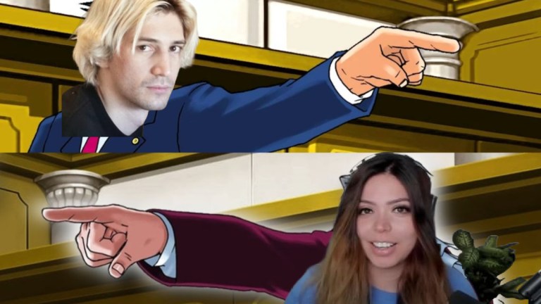 An image of Adept and xQc photoshopped onto two Ace Attorney characters screaming objection in the courtroom.