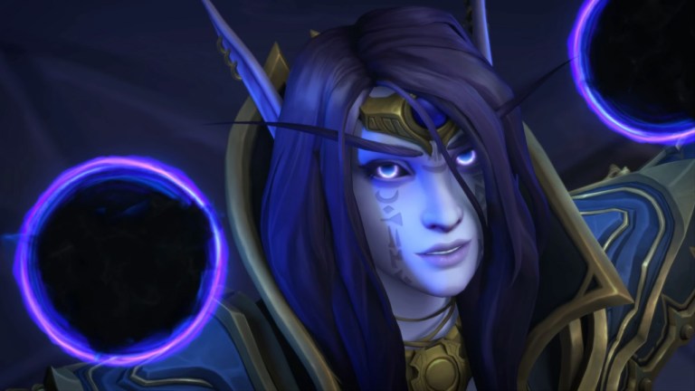 A woman with purple hair, a headband, and face markings staring at the sky surrounded by two purple balls in WoW The War Within