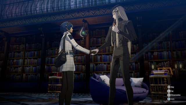 The protagonist and More shake hands inside Akadeimia, establishing the Seeker bond.