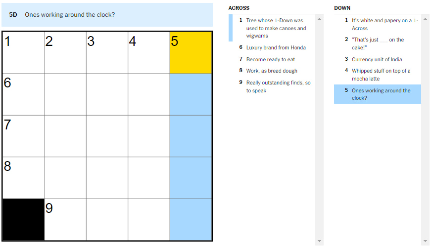 Picture showing the Ones working around the clock clue in NYT Mini Crossword.