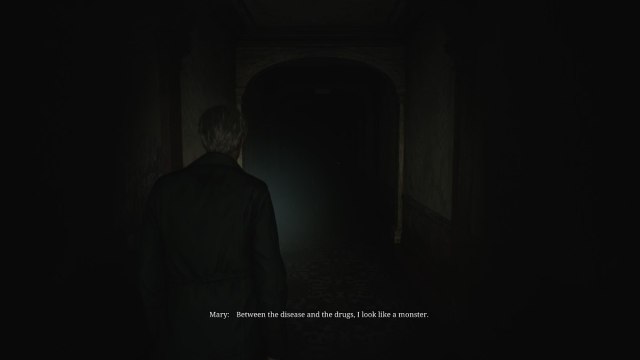 James walking down a corridor as he remembers a conversation he had with Mary