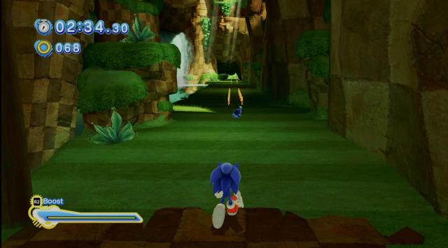 sonic is running underground towards a black chao infront of a bunch of rings after breaking abridge