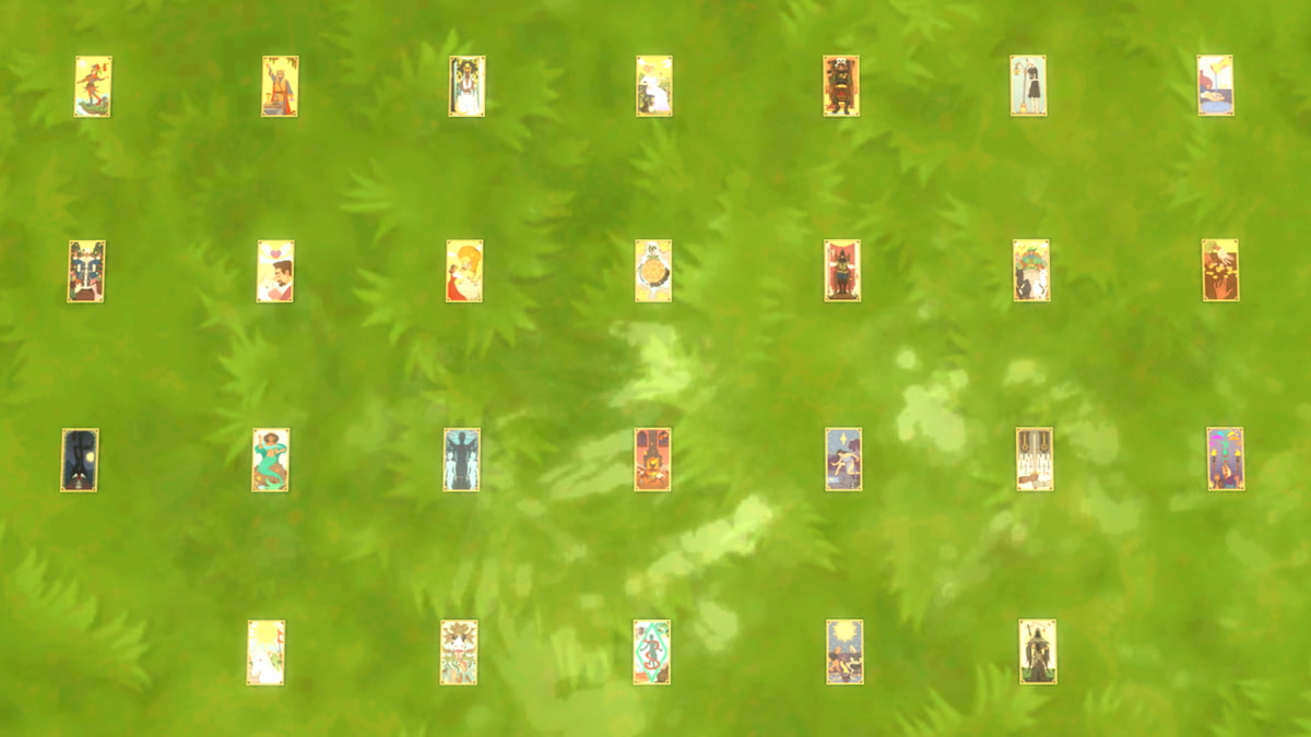 All 26 Tarot Cards in The Sims 4 Life & Death lying on some grass.