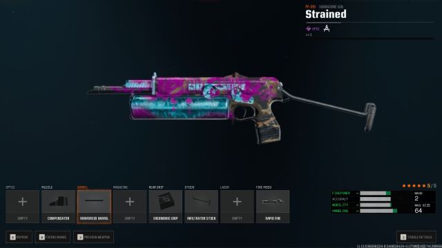 PP-919 SMG Strained blueprint in Black Ops 6, designed with blue and purple hues, and the attachments for the best build