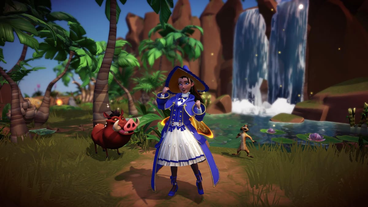 Standing with Timon and Pumbaa for the Finding Old Friends quest in Disney Dreamlight Valley.
