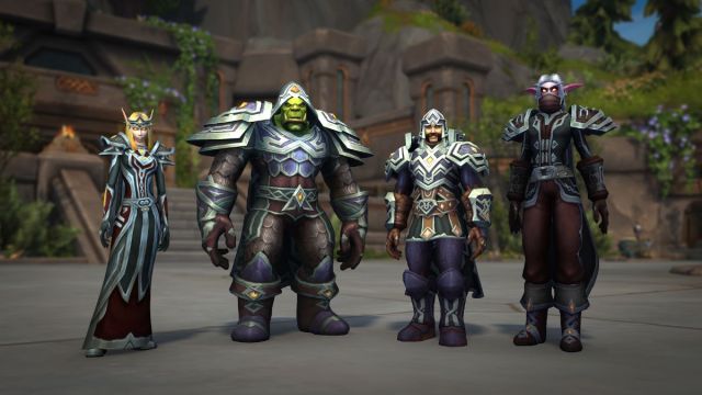 Group of World of Warcraft characters wearing catch-up gear on Siren Isle.