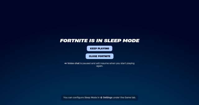 The Sleep Mode screen in Fortnite.
