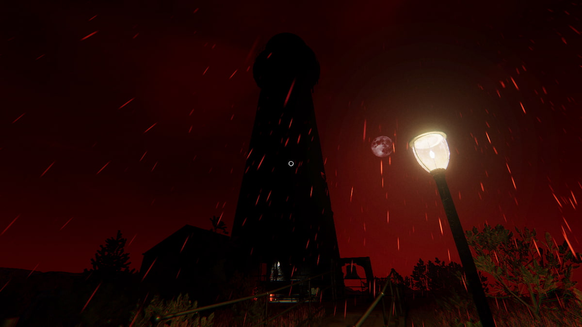 The tall Point Hope lighthouse sitting under a red blood moon in Phasmophobia. 