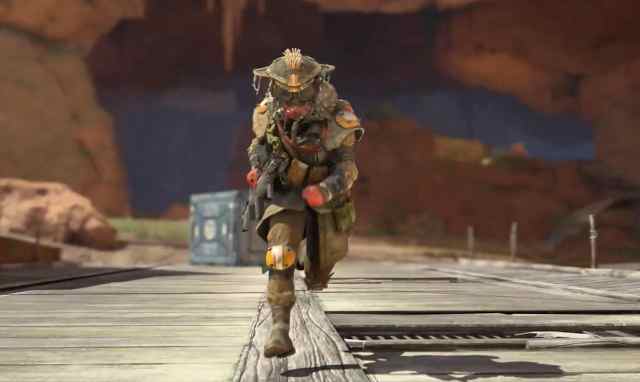 Bloodhound runs across a bridge in Kings Canyon, a map from Apex Legends.
